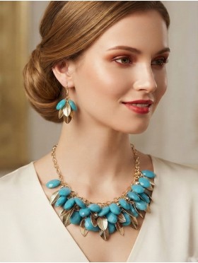TWO TONE BEAD AND LEAF DESIGN NECKLACE WITH EARRING SET